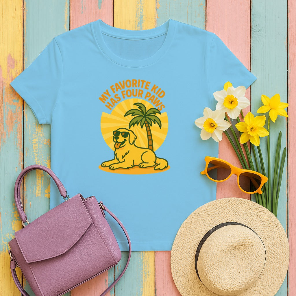 My Favorite Kid Has Four Paws With Golden Retriever T-Shirt in Sky