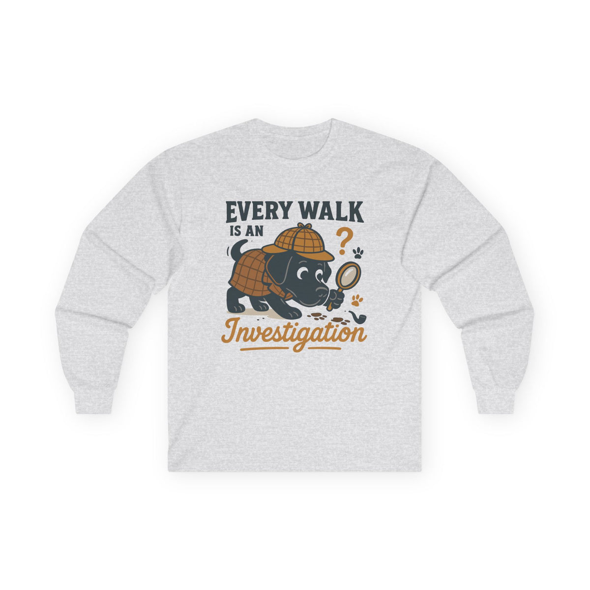 Every Walk Is An Investigation Detective Black Labrador Retriever Cartoon Long Sleeve Tee in Ash