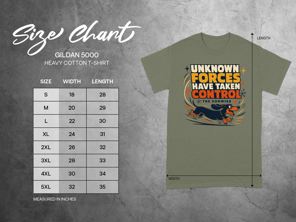 Gildan 5000 t-shirt with "Unknown Forces Have Taken Control" graphic and size chart.
