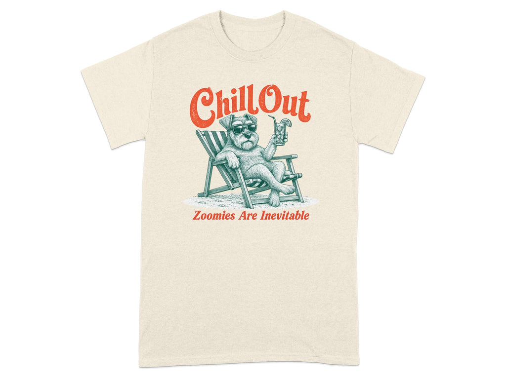 Cream t-shirt with illustration of a dog in a deck chair drinking a cocktail.