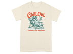 Cream t-shirt with illustration of a dog in a deck chair drinking a cocktail.