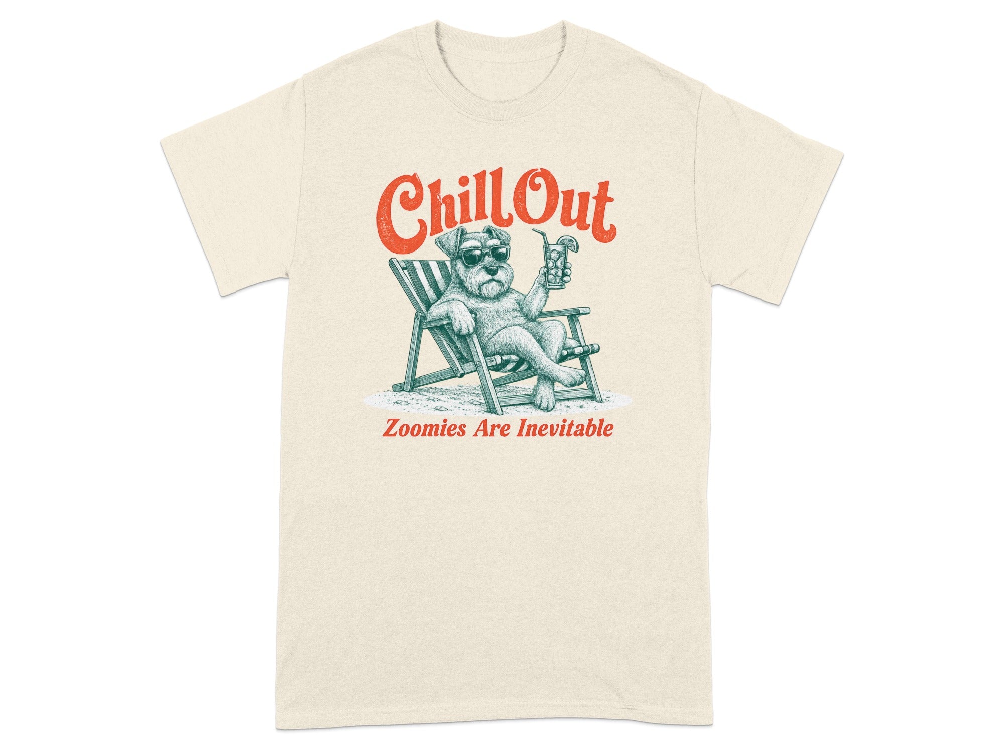 Cream t-shirt with illustration of a dog in a deck chair drinking a cocktail.