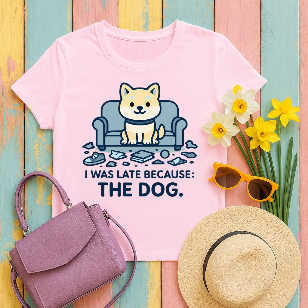 I Was Late Because The Dog Shiba T-Shirt in Light Pink