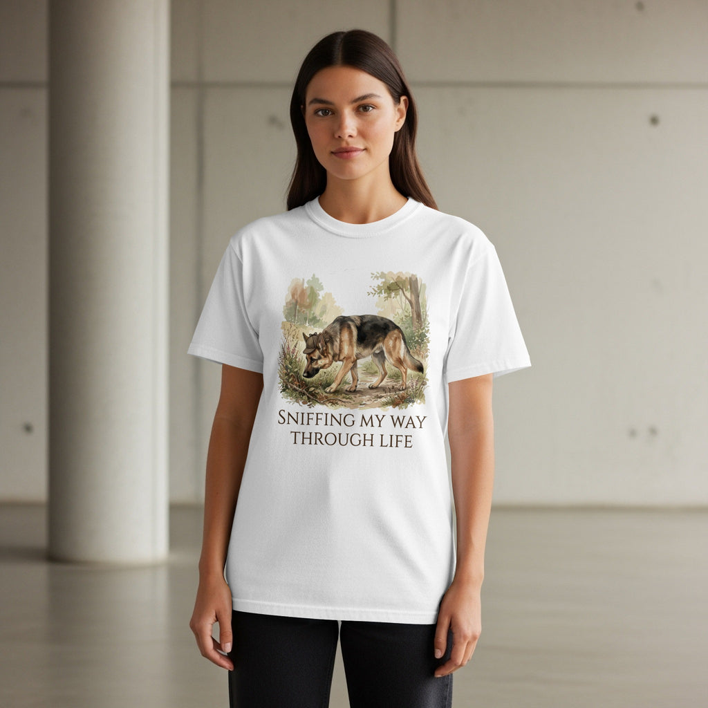 White t-shirt with watercolor wolf illustration and "Sniffing My Way Through Life" text.