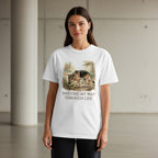 White t-shirt with watercolor wolf illustration and "Sniffing My Way Through Life" text.