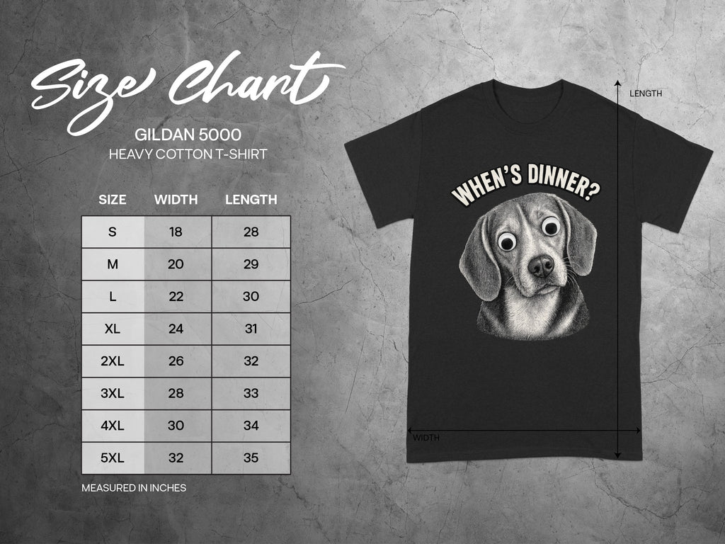 Gildan 5000 t-shirt size chart and "When's Dinner?" dog graphic.