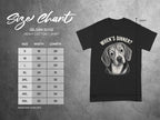 Gildan 5000 t-shirt size chart and "When's Dinner?" dog graphic.