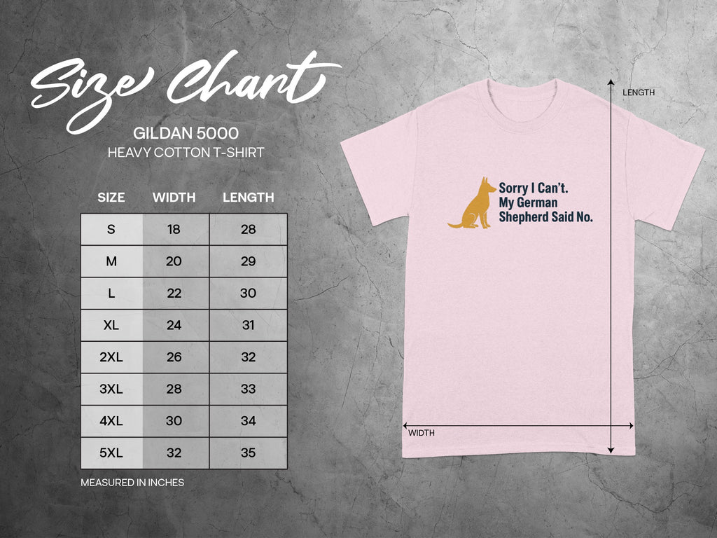 Gildan 5000 heavy cotton t-shirt size chart with width and length in inches.