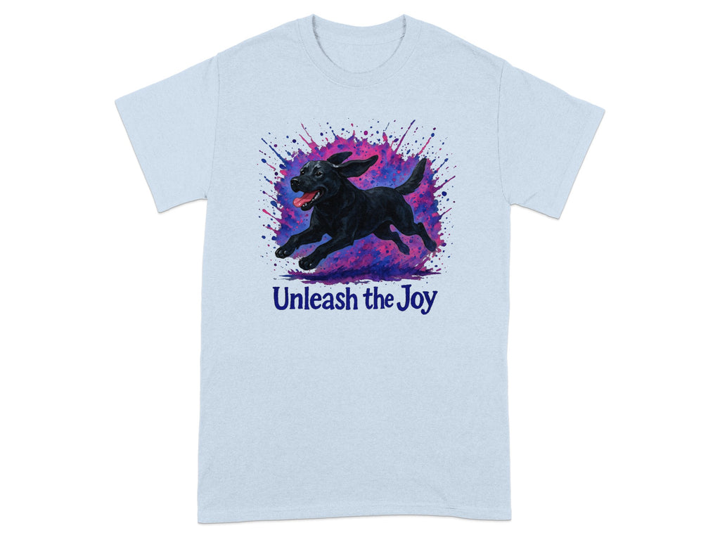 Light blue t-shirt with black dog splattered with pink and purple paint, text "Unleash the Joy"