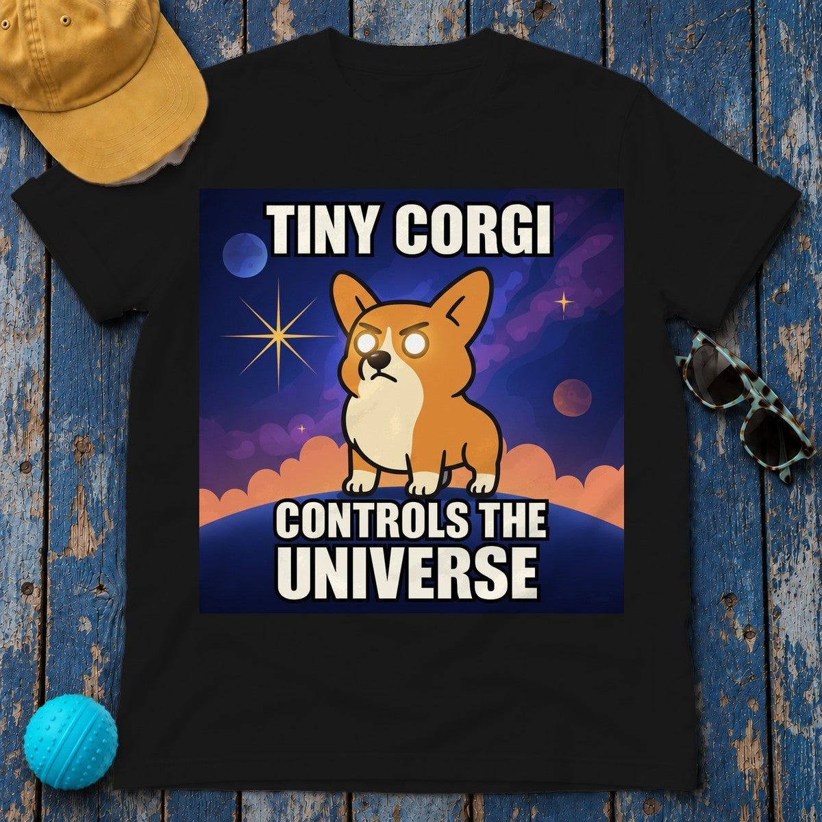 Tiny Corgi Controls the Universe Graphic Design T-Shirt in Black