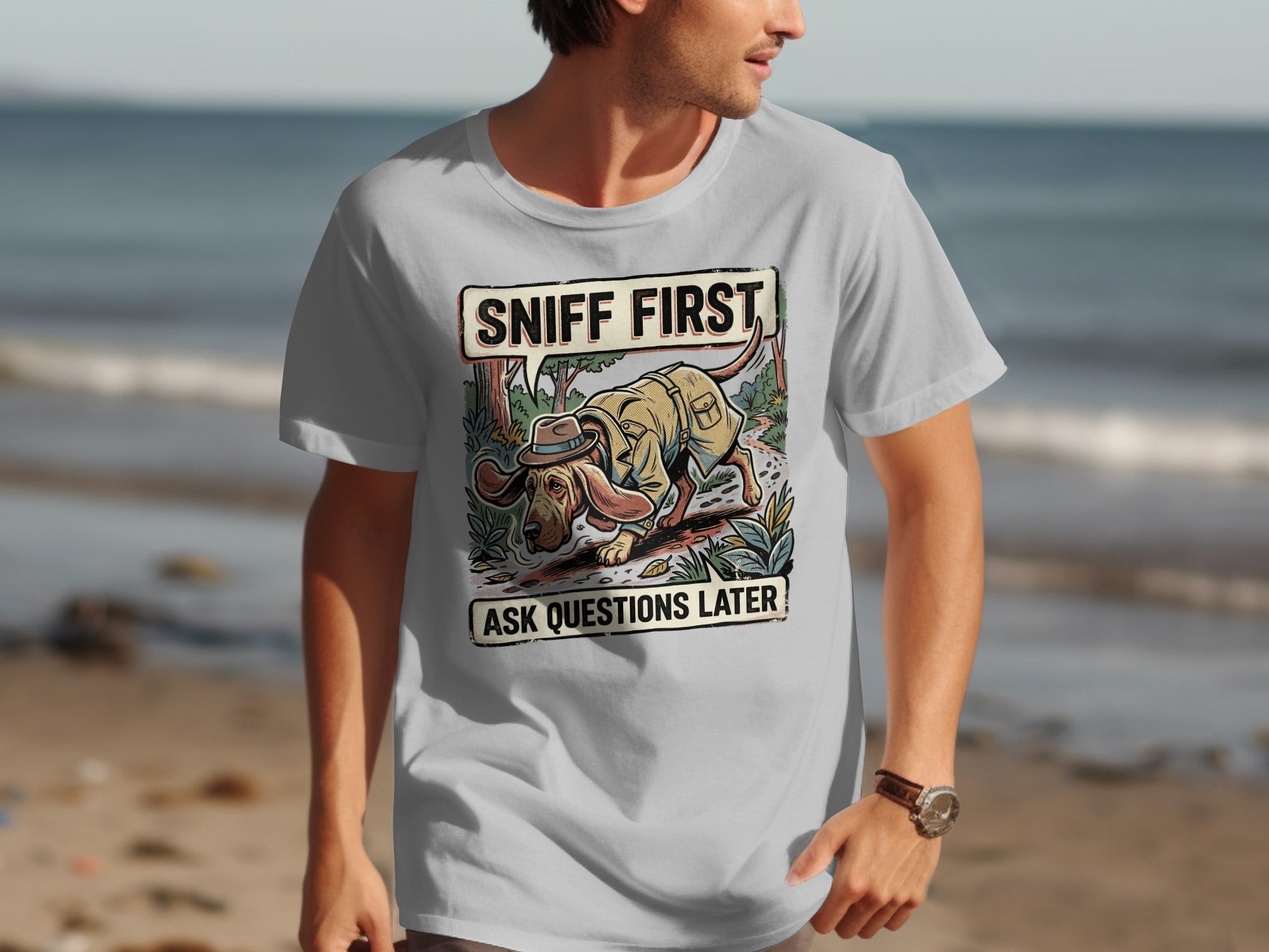 Dog wearing a hat and trench coat sniffing ground with text "Sniff First Ask Questions Later".