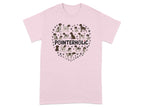 Pink t-shirt with a heart made of pointer dog illustrations and paw prints.