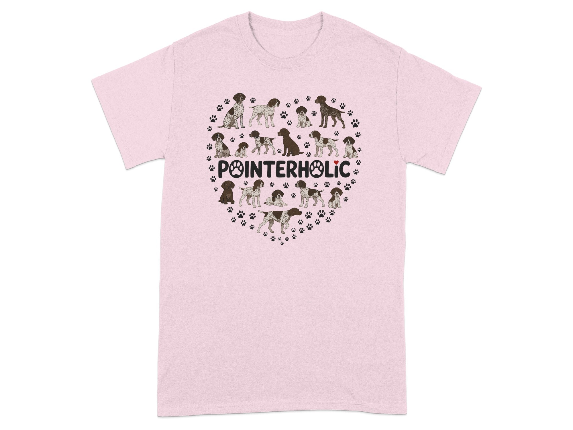 Pink t-shirt with a heart made of pointer dog illustrations and paw prints.