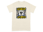 Cream t-shirt with dog nose and "Scent First. Plans Later." comic text.
