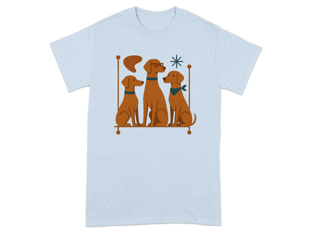 Light blue t-shirt with illustration of three brown dogs sitting on a shelf.
