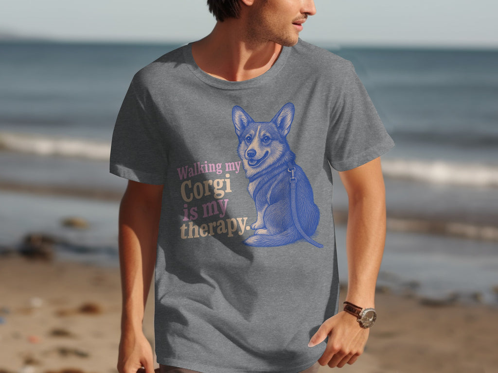 Gray t-shirt with a blue corgi illustration and the text "Walking my Corgi is my therapy."