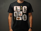 Framed illustrations of poodles and dog accessories on a black t-shirt.