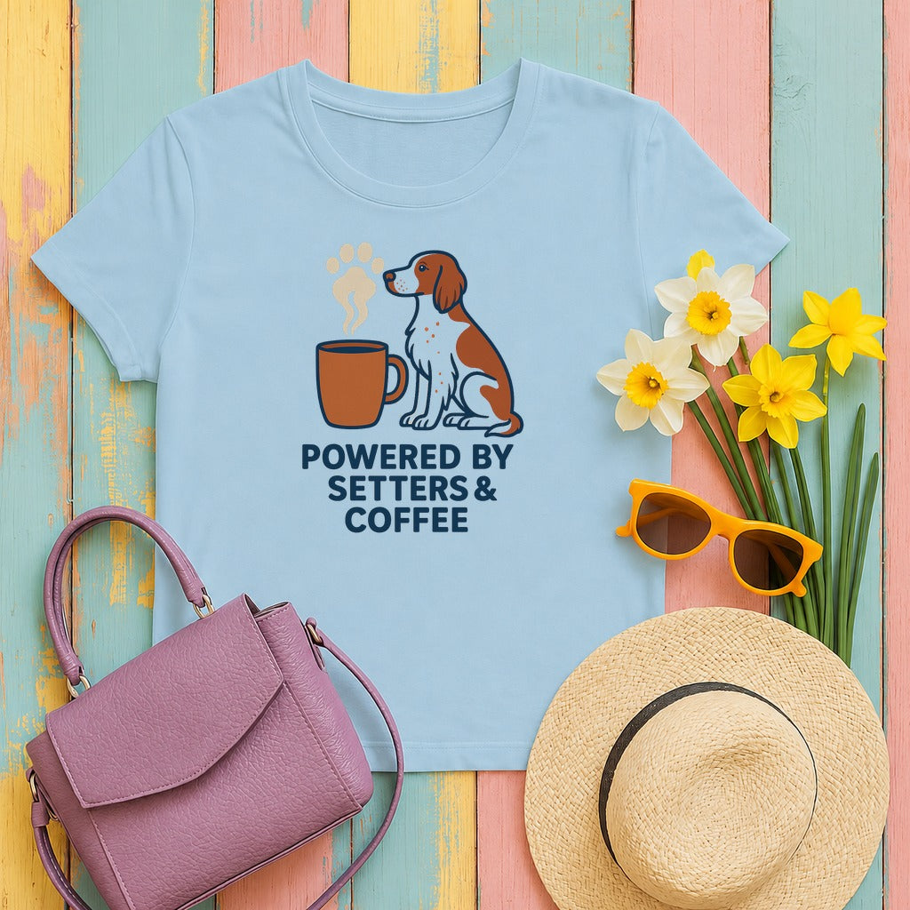 Irish Red and White Setter Powered by Setters and Coffee Tee in Light Blue