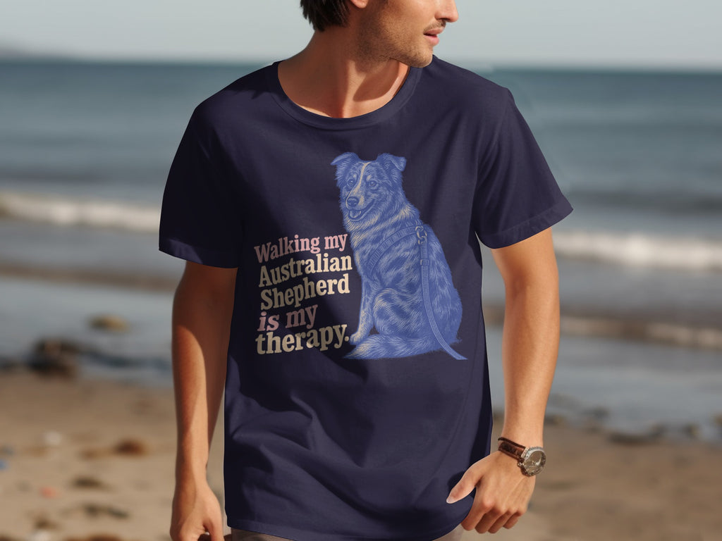 Navy t-shirt with blue Australian Shepherd graphic and text: "Walking my Australian Shepherd is my therapy."
