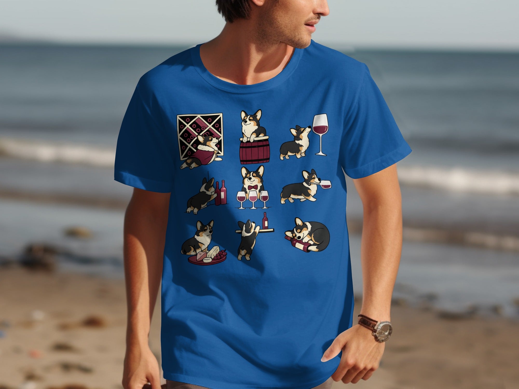 Corgis with wine and cheese in various playful poses on a blue t-shirt.