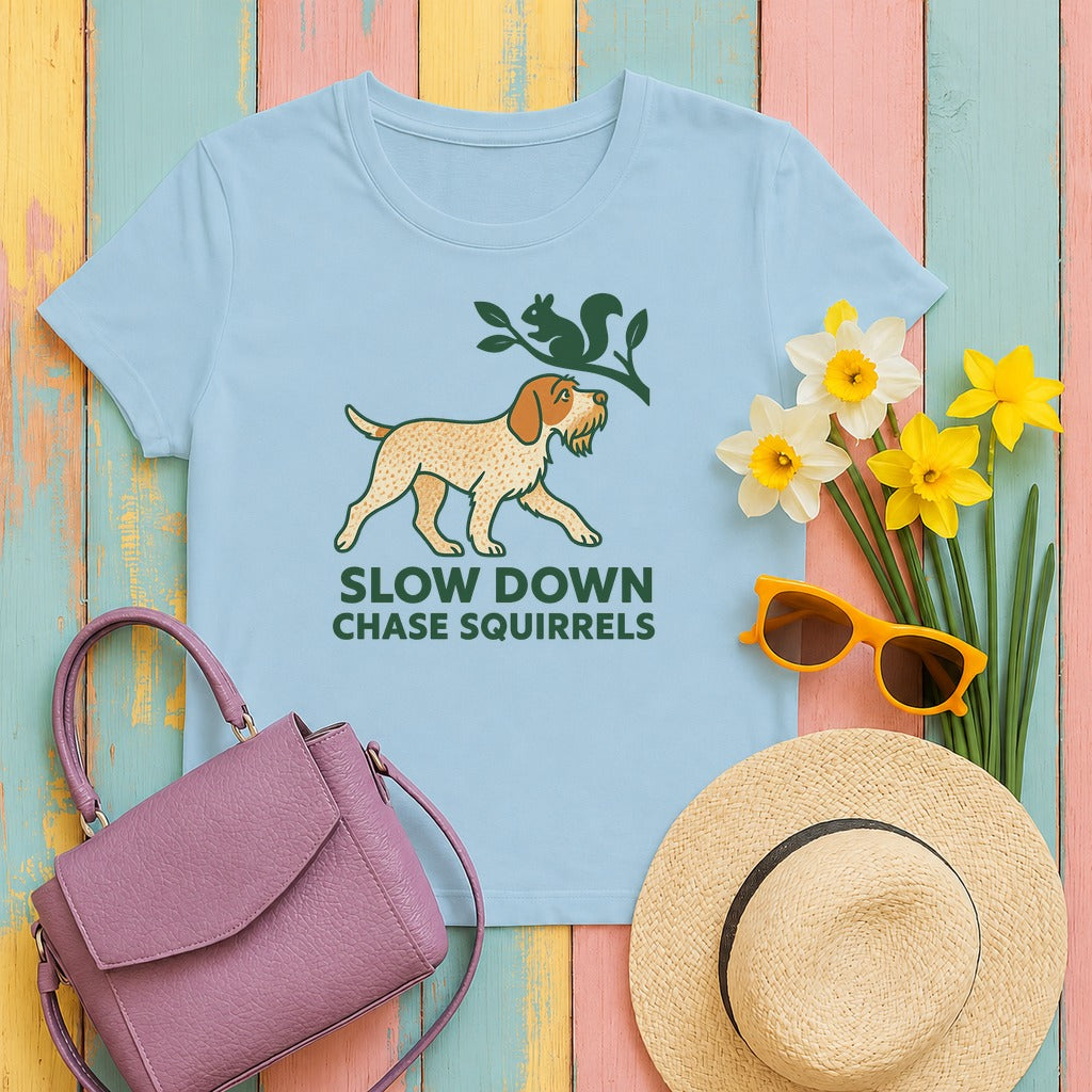 Spinone Italiano Slow Down Chase Squirrels Tee in Light Blue