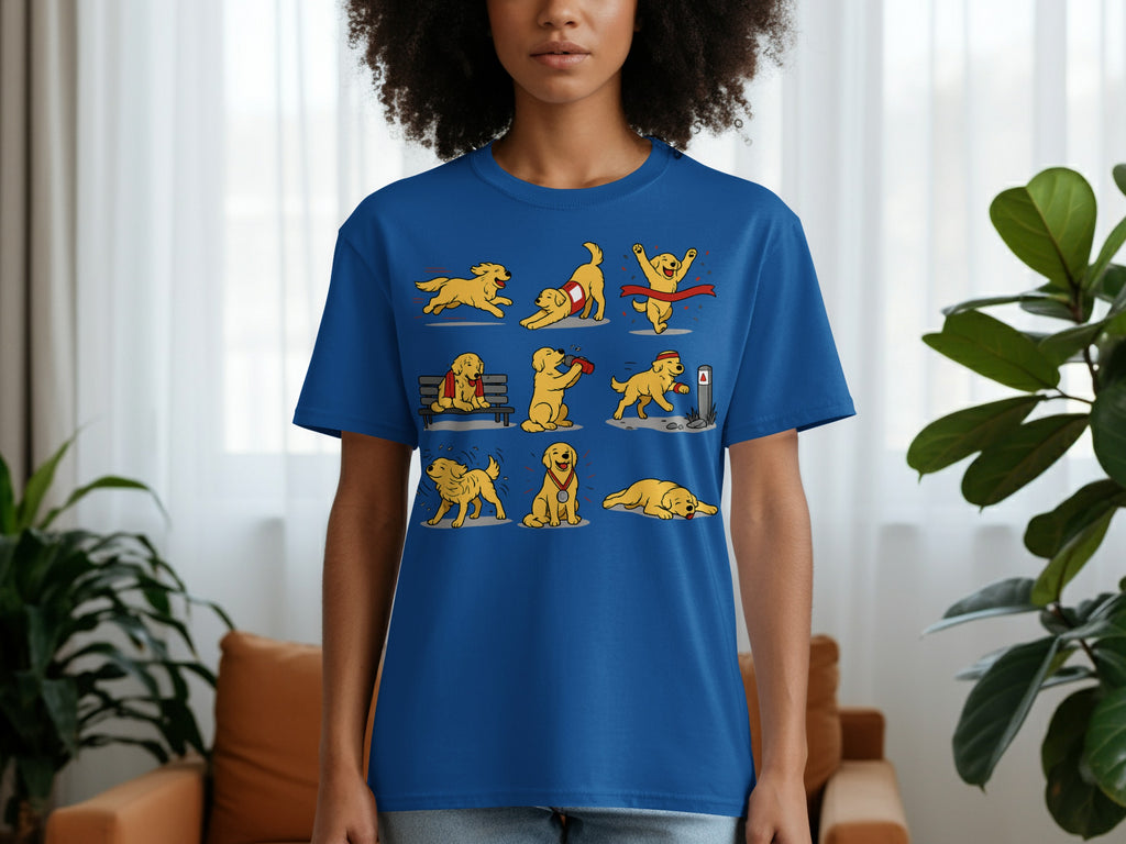 Blue t-shirt with nine cartoon golden retriever illustrations in a grid pattern.