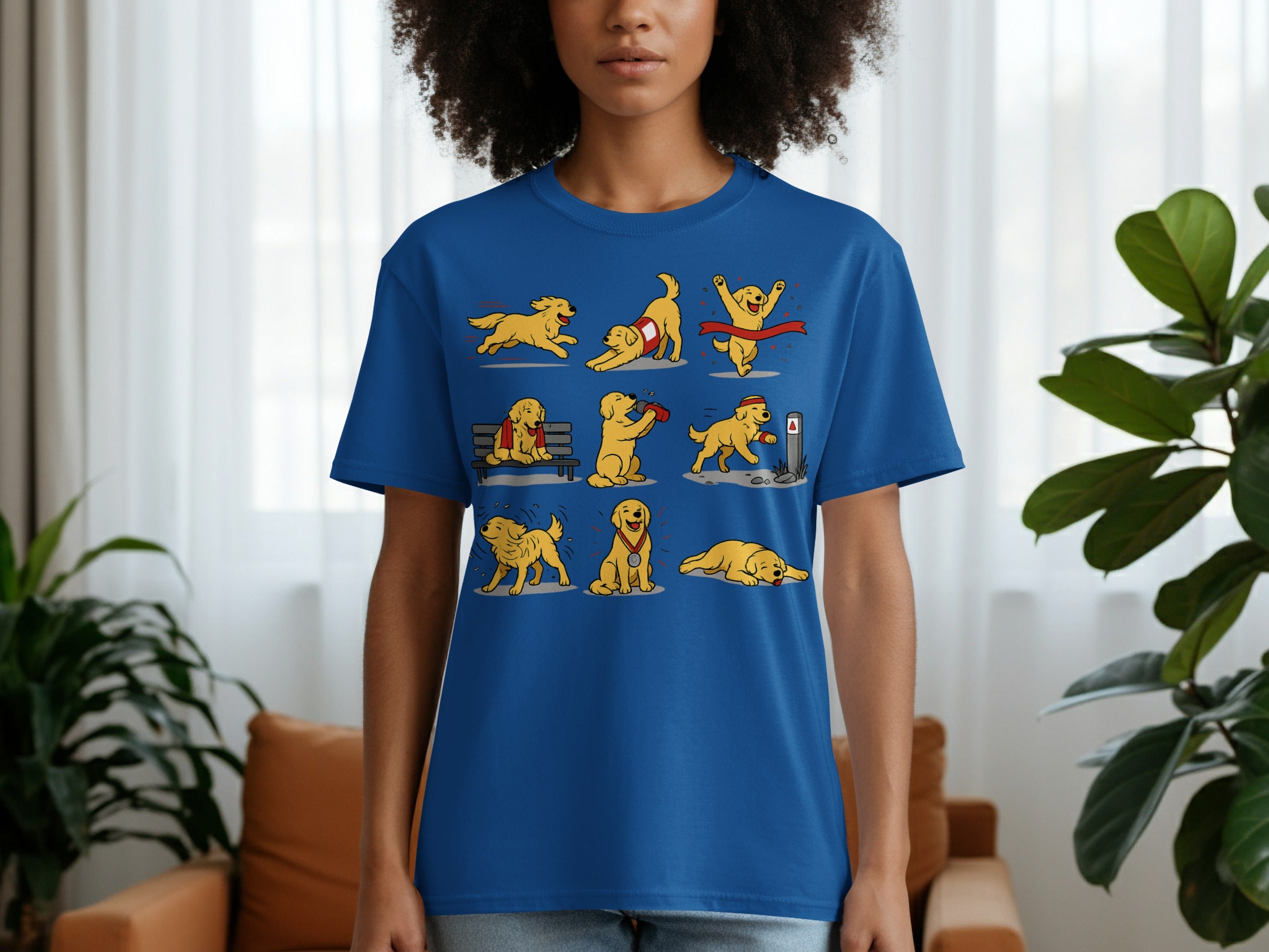 Blue t-shirt with nine cartoon golden retriever illustrations in a grid pattern.