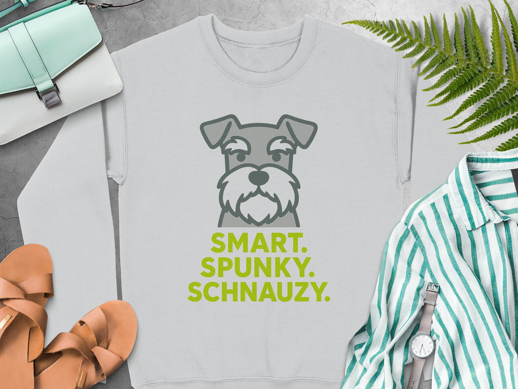 Grey sweatshirt with a cartoon schnauzer and text "SMART. SPUNKY. SCHNAUZY."
