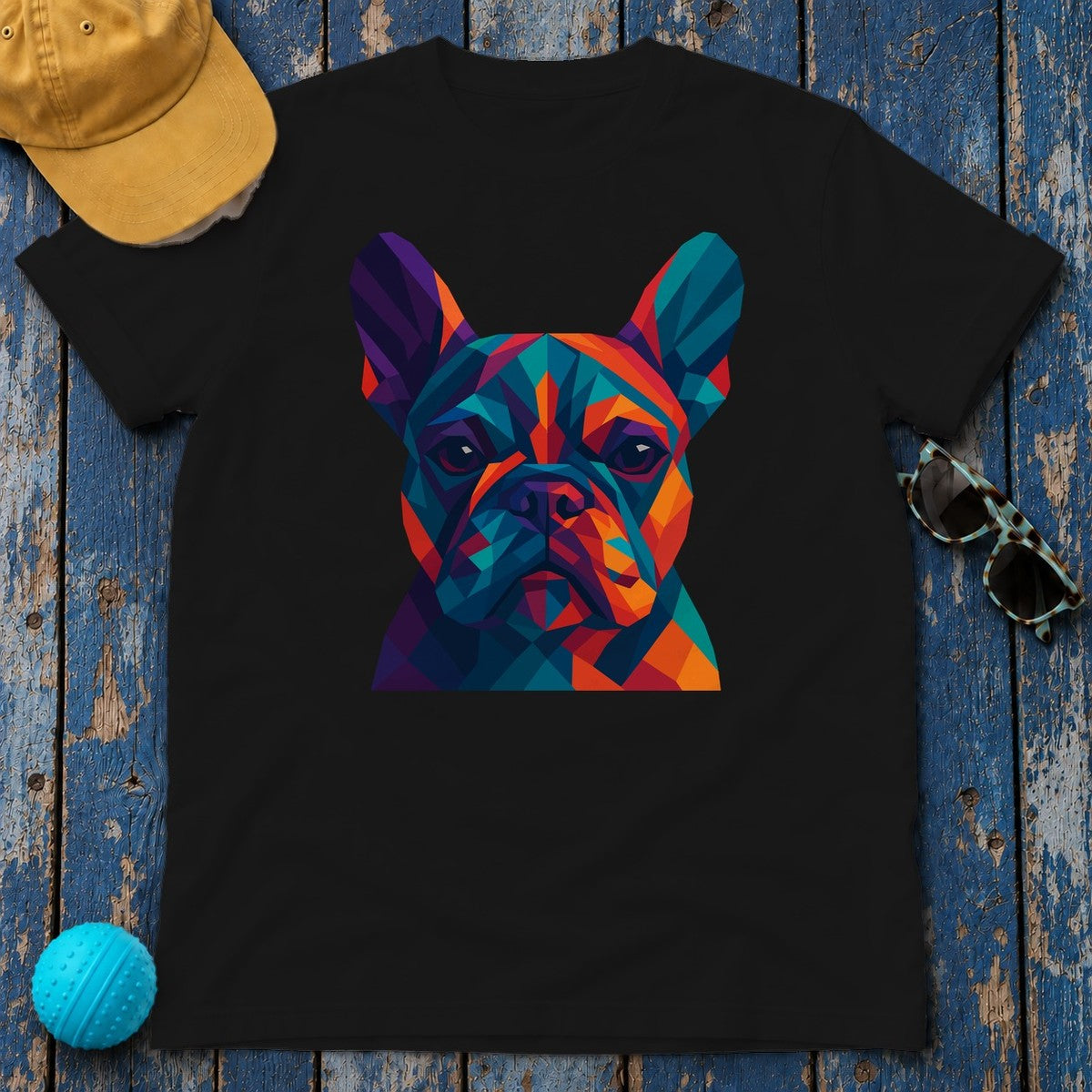 Geometric Colorful Frenchie Face T-Shirt in Black