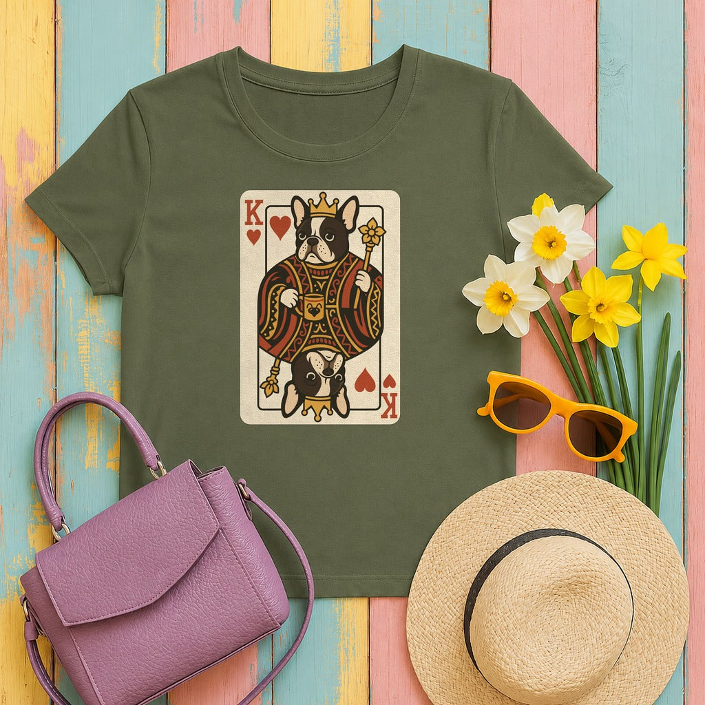 King Of Hearts French Bulldog Playing Card Funny Unique Design T-Shirt in Military Green