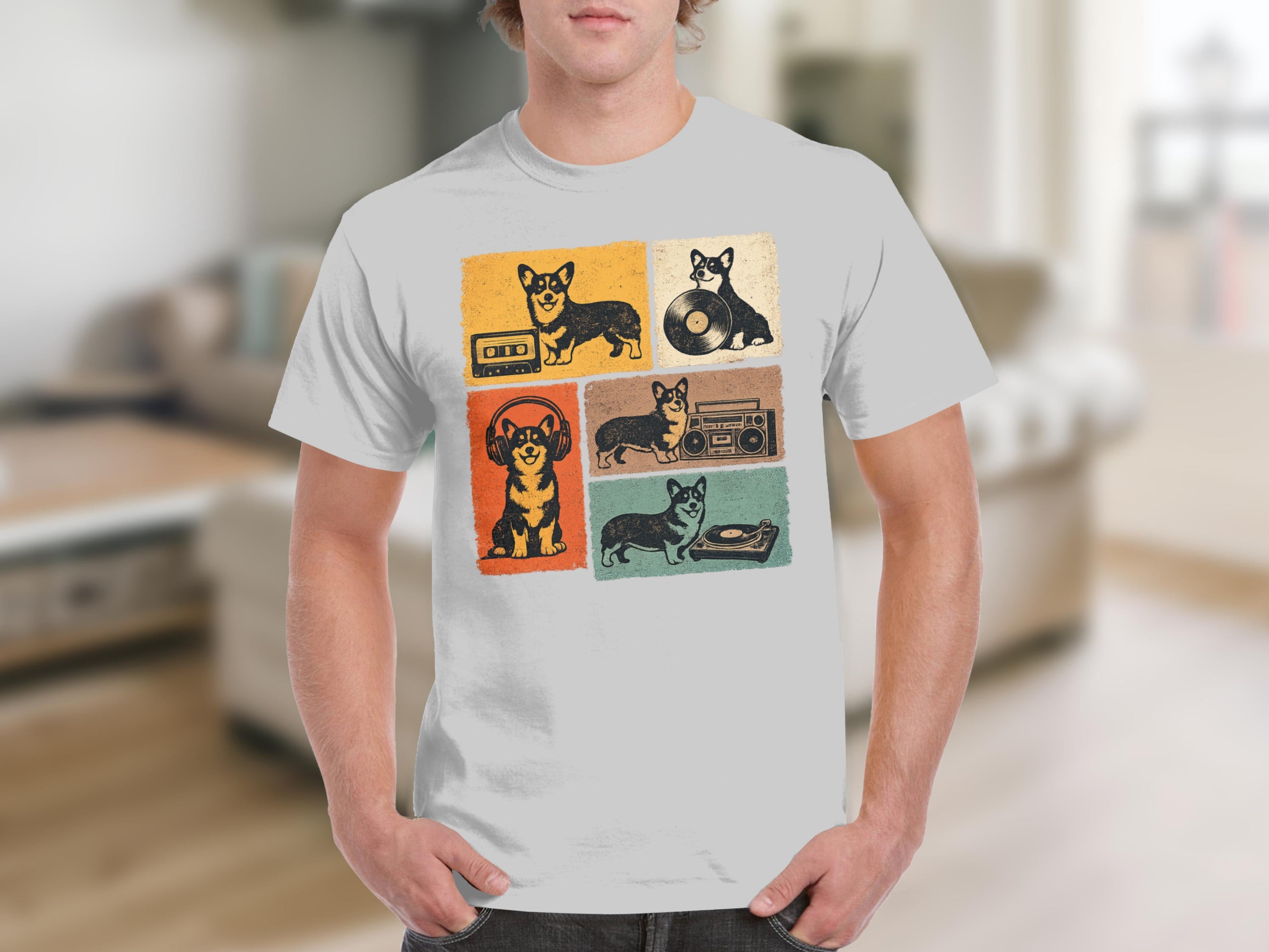 Retro Corgi graphic with music-themed illustrations on a white t-shirt.