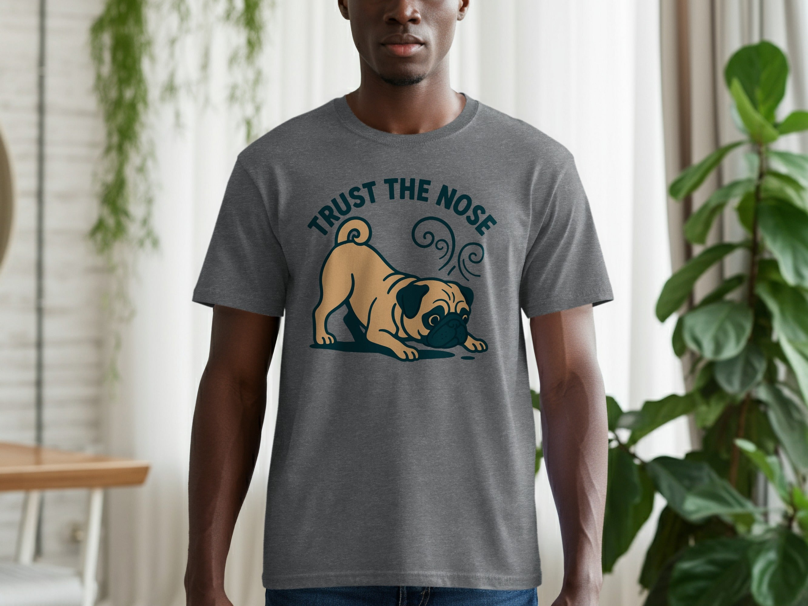 Grey t-shirt with a pug graphic and text that reads "TRUST THE NOSE".