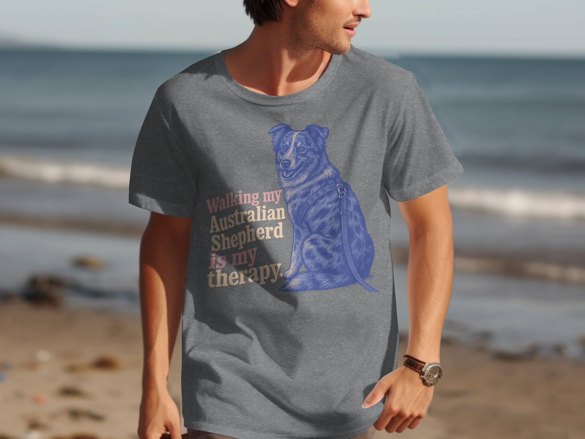 T-shirt with blue Australian Shepherd illustration and text "Walking my Australian Shepherd is my therapy."