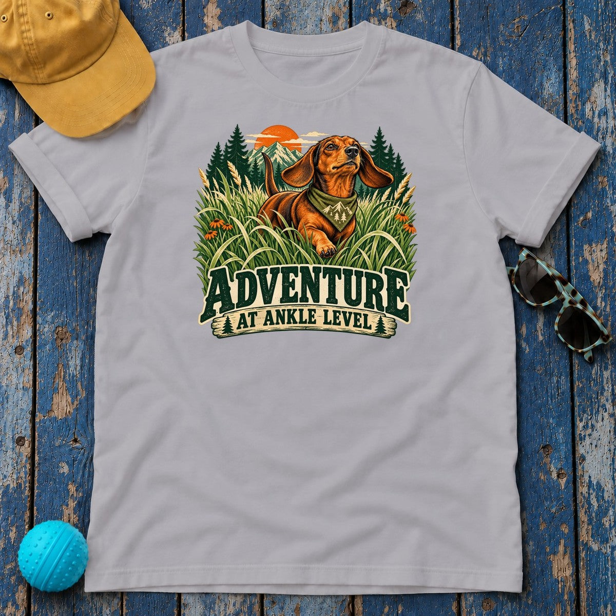 Adventure at Ankle Level Dachshund T-Shirt in Athletic Heather - flat lay