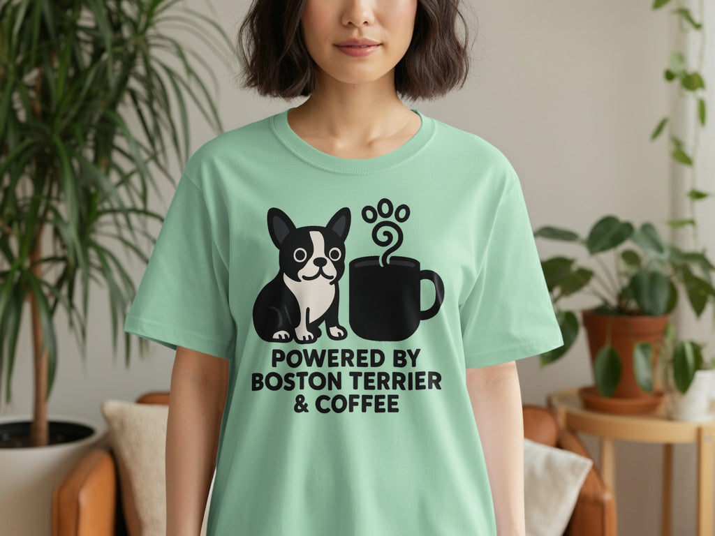 Mint t-shirt with Boston Terrier and coffee cup graphic that reads "Powered by Boston Terrier & Coffee".