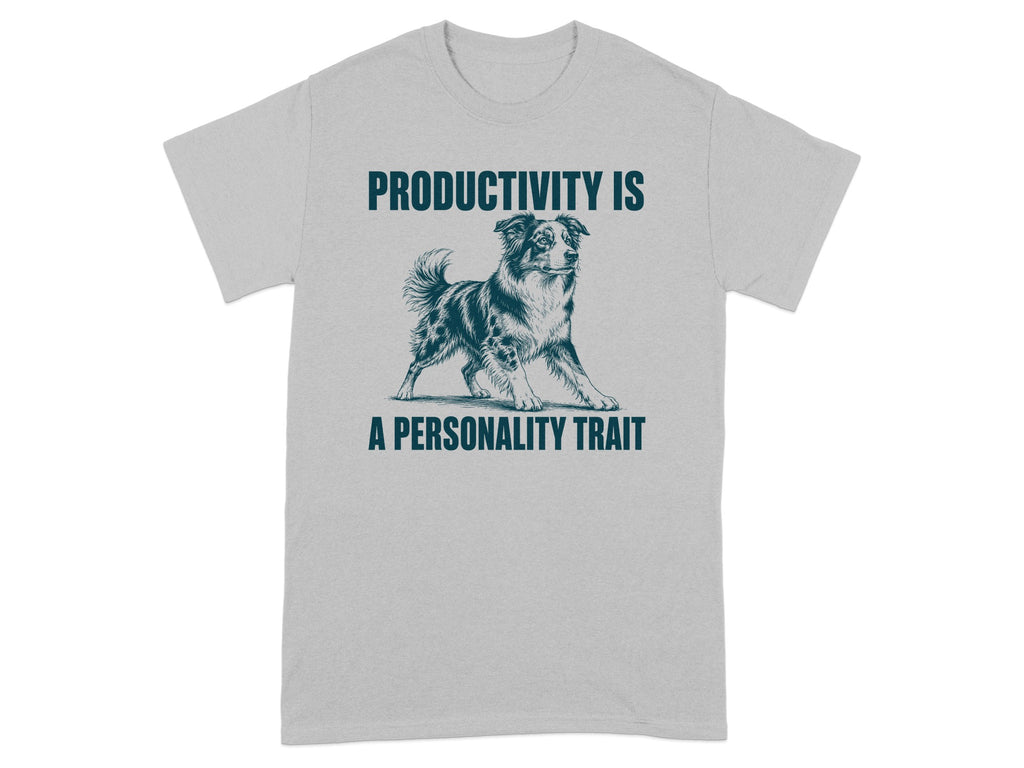 Gray t-shirt with a dog and the text "PRODUCTIVITY IS A PERSONALITY TRAIT".