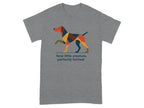 Grey t-shirt with a stylized dog and text "feral little creature, perfectly formed".