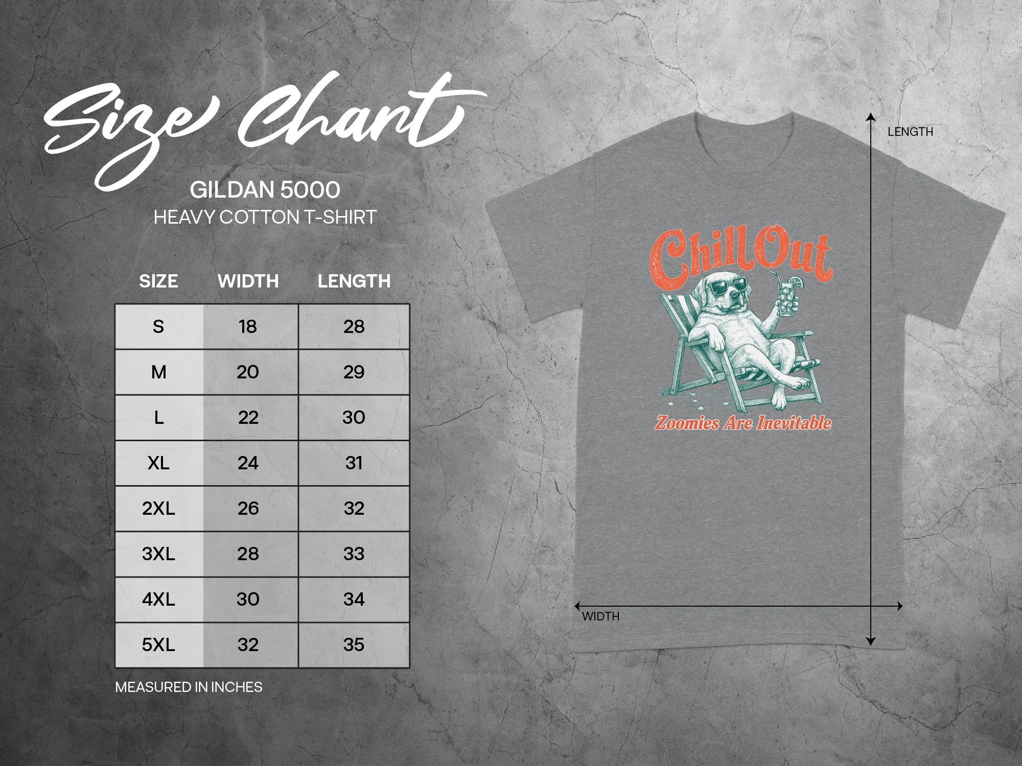 Gildan 5000 size chart with shirt graphic and text "ChillOut Zoomies Are Inevitable".