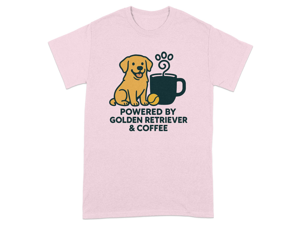 Pink t-shirt with golden retriever and coffee cup graphic and text.