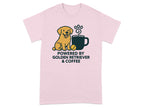 Pink t-shirt with golden retriever and coffee cup graphic and text.
