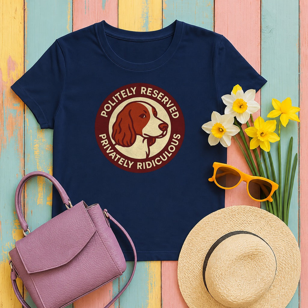 Welsh Springer Spaniel Politely Reserved Badge T-shirt in Navy