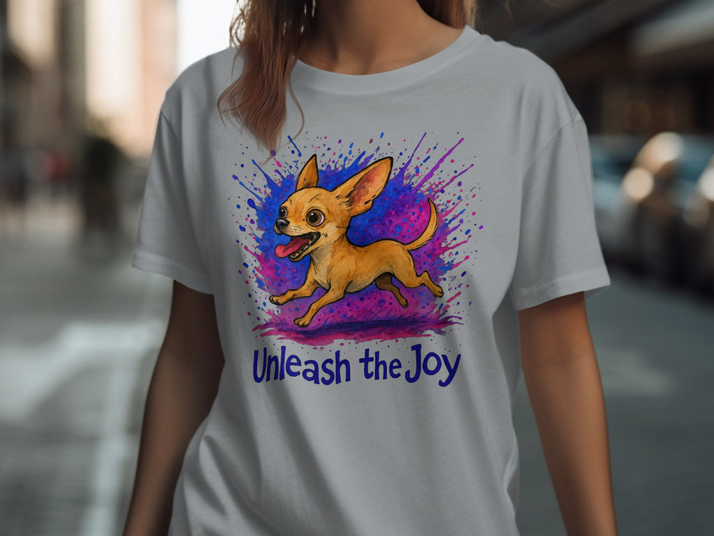Grey t-shirt with a running chihuahua and "Unleash the Joy" text.