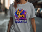 Grey t-shirt with a running chihuahua and "Unleash the Joy" text.