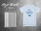 Gildan 5000 t-shirt size chart with "Eat. Sleep. Zoomies. Repeat." graphic.