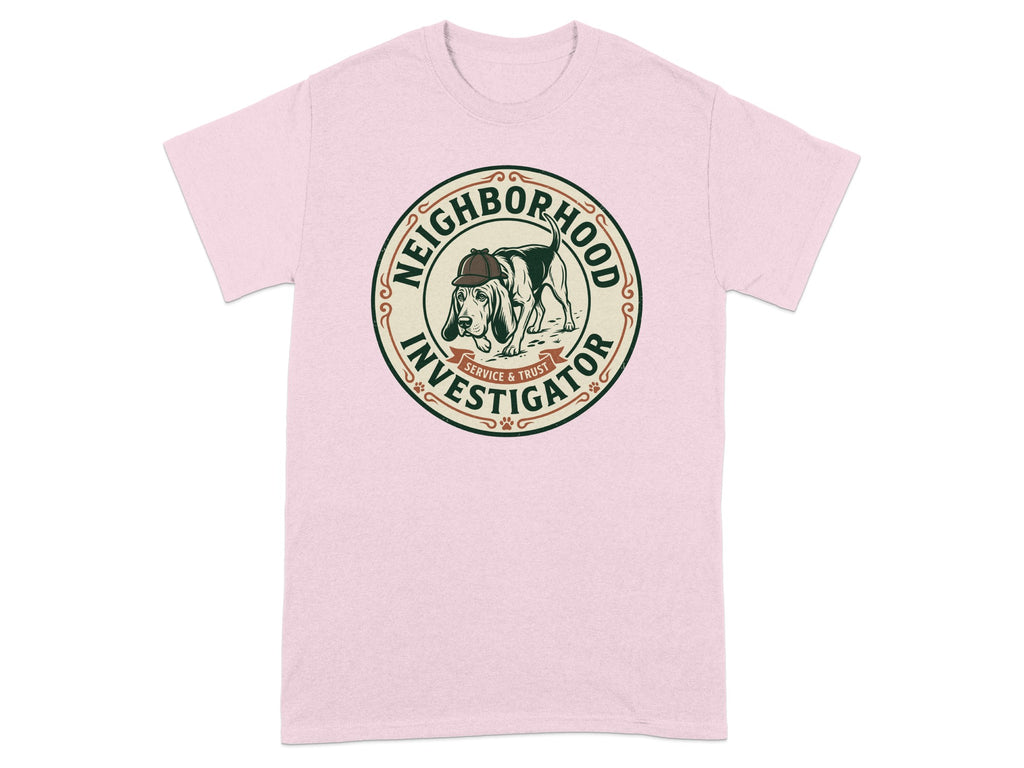Pink t-shirt with "Neighborhood Investigator" and dog logo.