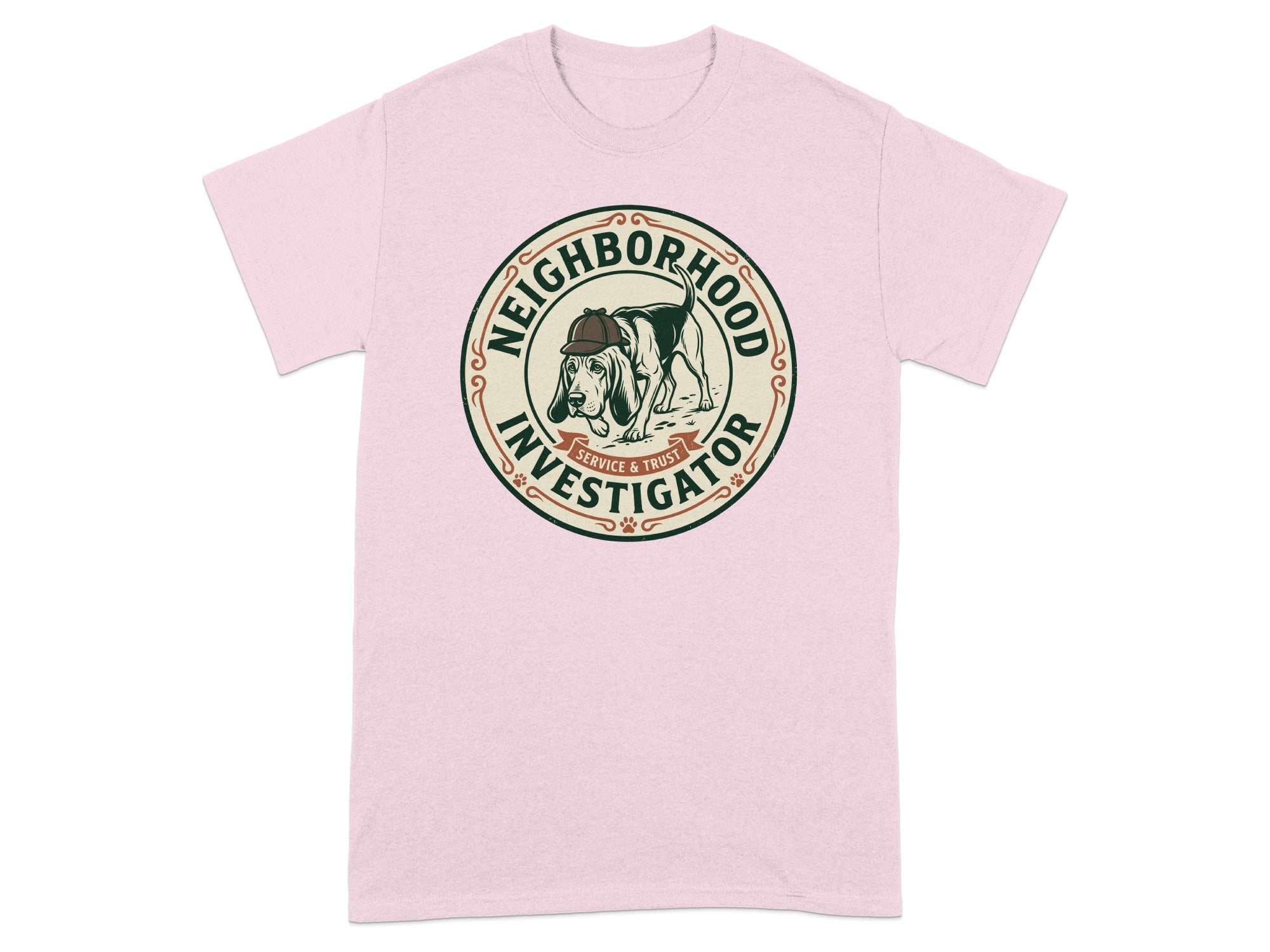 Pink t-shirt with "Neighborhood Investigator" and dog logo.