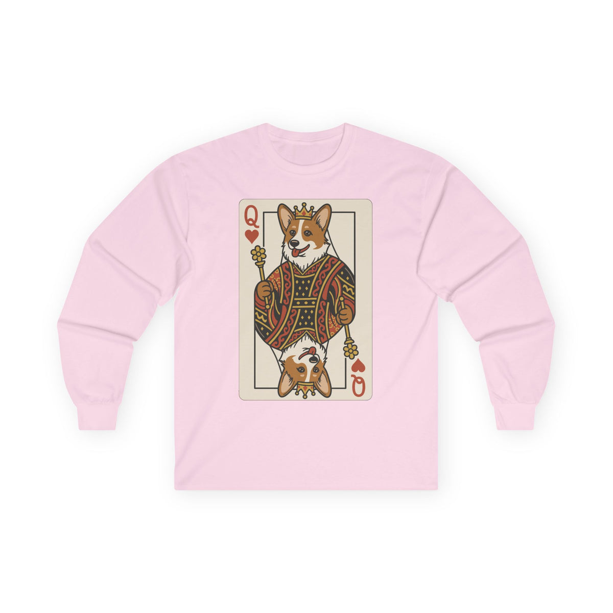 Corgi Queen Playing Card Long Sleeve Tee in Light Pink