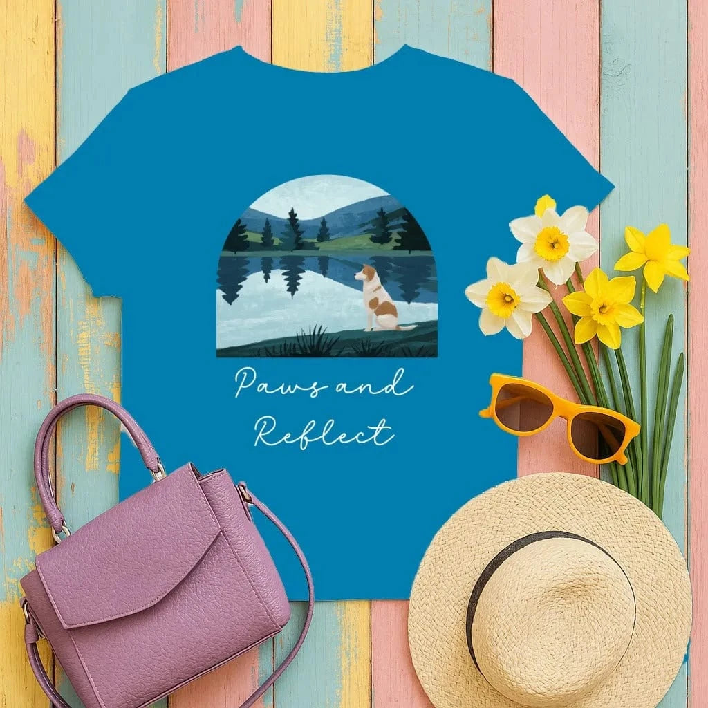 Dog At Lake Nature Outdoors Landscape Scenic Art T-Shirt Antique Sapphire T-shirt