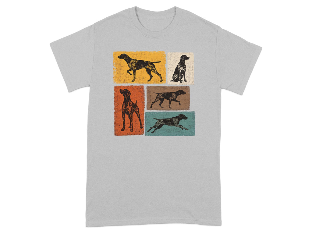 Graphic print of German Shorthaired Pointers in various poses on a grey t-shirt.