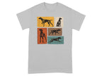 Graphic print of German Shorthaired Pointers in various poses on a grey t-shirt.